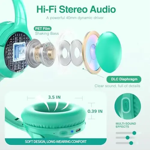 MIDOLA Bluetooth Headphones Over Ear 68H Playtime 6 EQ Wireless Headset with Microphone HiFi Stereo Foldable Lightweight Deep Bass for Travel Home Office Cellphone Cyan - 5
