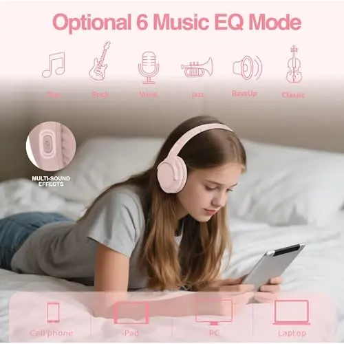 MIDOLA Bluetooth Headphones Over Ear 68H Playtime 6 EQ Wireless Headset with Microphone HiFi Stereo Foldable Lightweight Deep Bass for Travel Home Office Cellphone Pink - 4