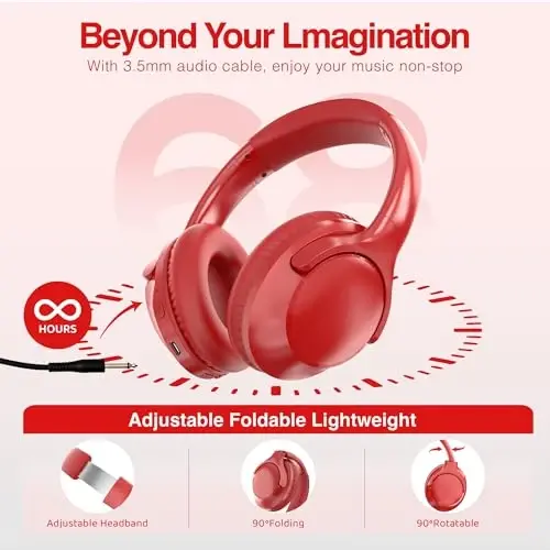 MIDOLA Bluetooth Headphones Over Ear 68H Playtime 6 EQ Wireless Headset with Microphone HiFi Stereo Foldable Lightweight Deep Bass for Travel Home Office Cellphone Red - 6