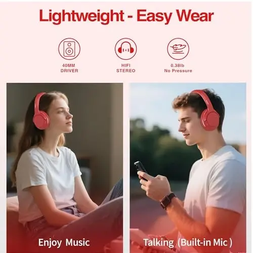MIDOLA Bluetooth Headphones Over Ear 68H Playtime 6 EQ Wireless Headset with Microphone HiFi Stereo Foldable Lightweight Deep Bass for Travel Home Office Cellphone Red - 3