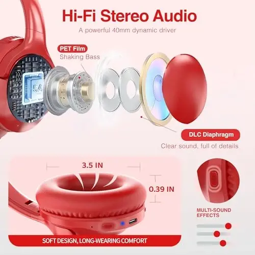 MIDOLA Bluetooth Headphones Over Ear 68H Playtime 6 EQ Wireless Headset with Microphone HiFi Stereo Foldable Lightweight Deep Bass for Travel Home Office Cellphone Red - 5