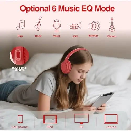 MIDOLA Bluetooth Headphones Over Ear 68H Playtime 6 EQ Wireless Headset with Microphone HiFi Stereo Foldable Lightweight Deep Bass for Travel Home Office Cellphone Red - 4