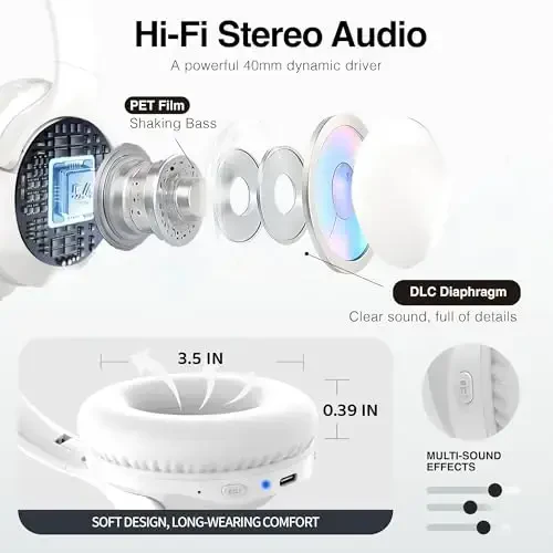 MIDOLA Bluetooth quloqchinlari 68H dan ortiq oʻynash vaqti 6 EQ simsiz mikrofonli garnitura HiFi Stereo buklanadigan yengil chuqur bas sayohat uy ofisi mobil telefon uchun oq - 5