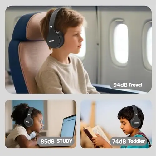 MIDOLA Bolalar uchun Bluetooth 5.3 Simsiz 60 soat o'ynash vaqti Ovoz chegarasi 85/110dB Quloq usti Katlanadigan himoya eshitish vositasi/Simli AUX kabeli Mikrofon Bolalar uchun o'g'il qiz Sayohat Maktab Telefon Tablet Qora - 2