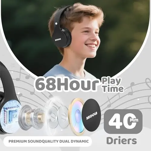 MIDOLA Bolalar uchun Bluetooth 5.3 Simsiz 60 soat o'ynash vaqti Ovoz chegarasi 85/110dB Quloq usti Katlanadigan himoya eshitish vositasi/Simli AUX kabeli Mikrofon Bolalar uchun o'g'il qiz Sayohat Maktab Telefon Tablet Qora - 3