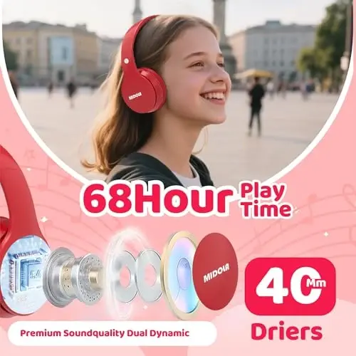 MIDOLA Bolalar uchun Bluetooth 5.3 Simsiz Quloqchinlari 60 soat O'ynash Vaqti Ovoz Cheklovi 85/110dB Quloq Ustiga Katlanadigan Himoya Quloqchin/Simli AUX Simi Mikrofon Bolalar O'g'il Qiz Sayohat Maktab Telefon Planshet Qizil - 2