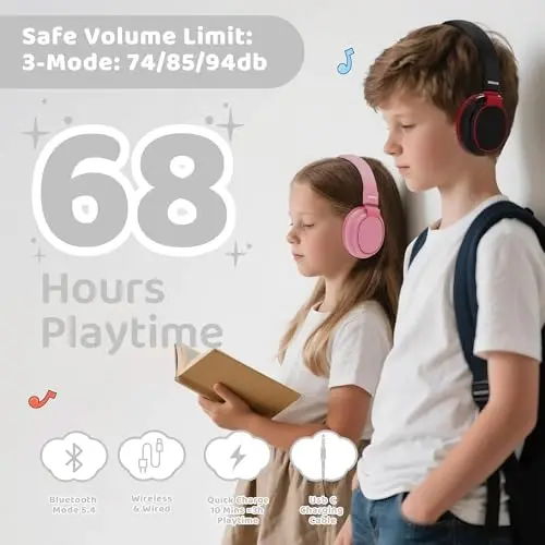 MIDOLA Kids Headphones Bluetooth 5.3 Wireless 60H Play Time Volume Limited 85/110dB Over Ear Foldable Protection Headset/Wired Aux Built-in Mic for Boy Girl Travel School Pad Tablet Black - 2