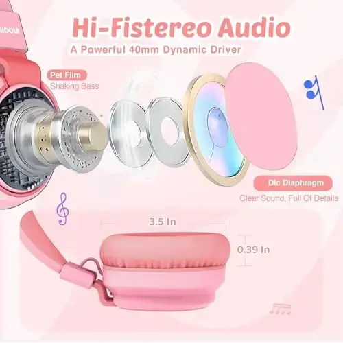 MIDOLA Kids Headphone Wired Volume Limited 85/94dB Over-Ear/On-Ear Foldable Headset with Microphone Hearing Protection Headphones for Toddler Boy Girl Child School Learning Pad Tablet Pink - 3