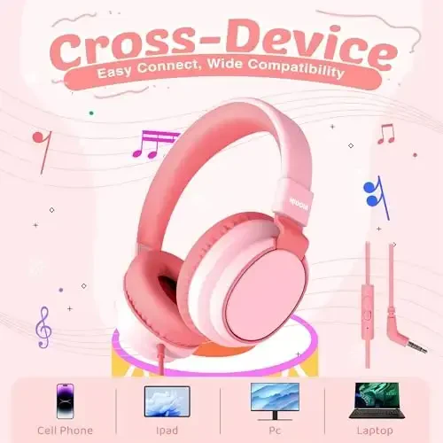 MIDOLA Kids Headphone Wired Volume Limited 85/94dB Over-Ear/On-Ear Foldable Headset with Microphone Hearing Protection Headphones for Toddler Boy Girl Child School Learning Pad Tablet Pink - 4