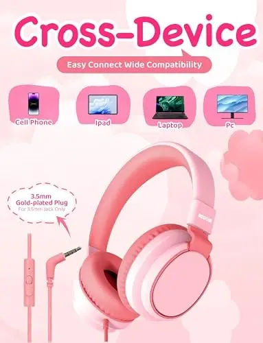 MIDOLA Kids Headphone Wired Volume Limited 85/94dB Over-Ear/On-Ear Foldable Headset with Microphone Hearing Protection Headphones for Toddler Boy Girl Child School Learning Pad Tablet Pink - 5