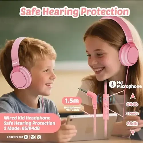 MIDOLA Kids Headphone Wired Volume Limited 85/94dB Over-Ear/On-Ear Foldable Headset with Microphone Hearing Protection Headphones for Toddler Boy Girl Child School Learning Pad Tablet Pink - MIDOLA