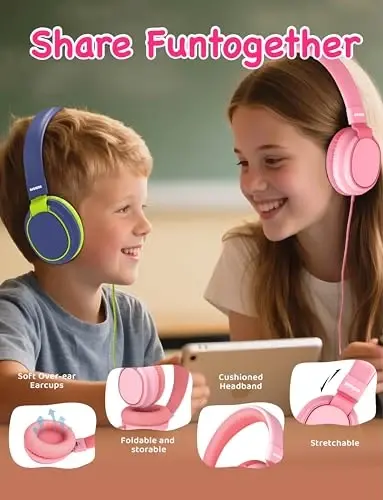 MIDOLA Kids Headphone Wired Volume Limited 85/94dB Over-Ear/On-Ear Foldable Headset with Microphone Hearing Protection Headphones for Toddler Boy Girl Child School Learning Pad Tablet Pink - MIDOLA (1)
