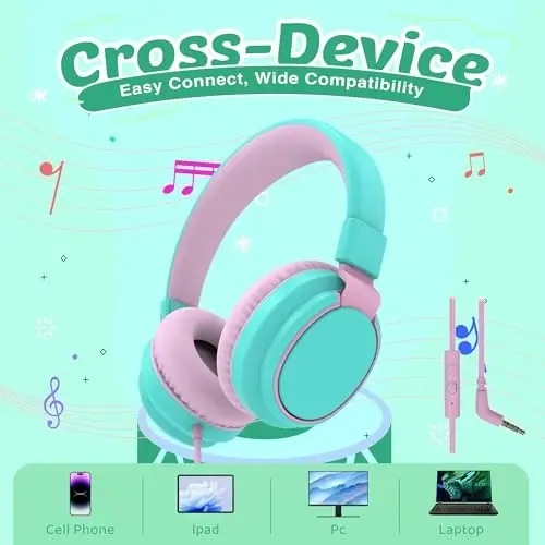 MIDOLA Kids Headphone Wired Volume Limited 85/94dB Over-Ear/On-Ear Foldable Headset with Microphone Hearing Protection Headphones for Toddler Boy Girl Child School Learning Pad Tablet Cyan - 4