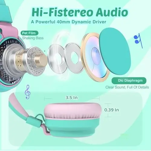 MIDOLA Kids Headphone Wired Volume Limited 85/94dB Over-Ear/On-Ear Foldable Headset with Microphone Hearing Protection Headphones for Toddler Boy Girl Child School Learning Pad Tablet Cyan - 3