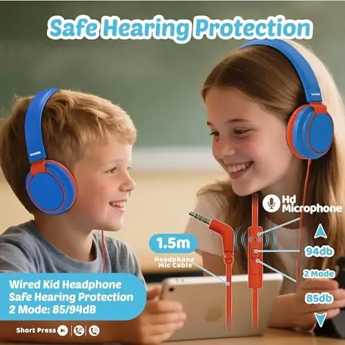 MIDOLA Kids Headphone Wired Volume Limited 85/94dB Over-Ear/On-Ear Foldable Headset with Microphone Hearing Protection Headphones for Toddler Boy Girl Child School Learning Pad Tablet Blue 