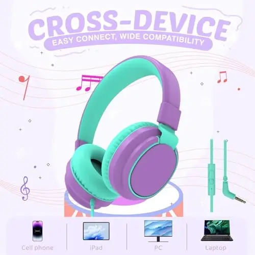 MIDOLA Kids Headphone Wired Volume Limited 85/94dB Over-Ear/On-Ear Foldable Headset with Microphone Hearing Protection Headphones for Toddler Boy Girl Child School Learning Pad Tablet Purple - 3