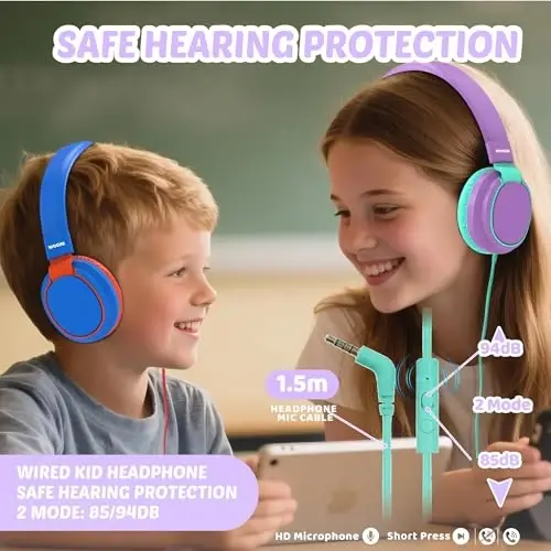 MIDOLA Kids Headphone Wired Volume Limited 85/94dB Over-Ear/On-Ear Foldable Headset with Microphone Hearing Protection Headphones for Toddler Boy Girl Child School Learning Pad Tablet Purple - 5