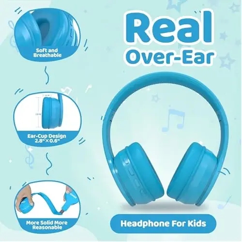 MIDOLA Kids Headphones Bluetooth 5.4 Wireless 68H Play Time Volume Limit 85/94dB Over-Ear Foldable Headset,Type-C Fast Charging,with Wired Aux Mic for Toddler Child Pad Tablet Blue - 5