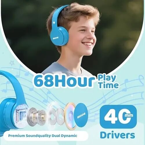 MIDOLA Kids Headphones Bluetooth 5.4 Wireless 68H Play Time Volume Limit 85/94dB Over-Ear Foldable Headset,Type-C Fast Charging,with Wired Aux Mic for Toddler Child Pad Tablet Blue - 2
