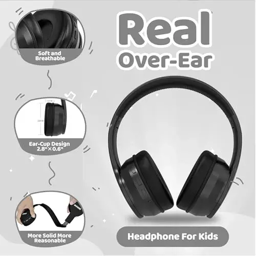 MIDOLA Kids Headphones Bluetooth 5.4 Wireless 68H Play Time Volume Limit 85/94dB Over-Ear Foldable Headset,Type-C Fast Charging,with Wired Aux Mic for Toddler Child Pad Tablet Black - 5