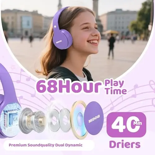 MIDOLA Kids Headphones Bluetooth 5.4 Wireless 68H Play Time Volume Limit 85/94dB Over-Ear Foldable Headset,Type-C Fast Charging,Wired Aux Mic for Toddler Child Pad Tablet Light Purple - 2