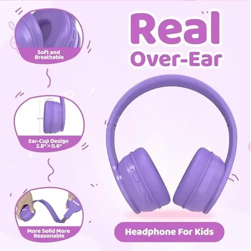 MIDOLA Kids Headphones Bluetooth 5.4 Wireless 68H Play Time Volume Limit 85/94dB Over-Ear Foldable Headset,Type-C Fast Charging,Wired Aux Mic for Toddler Child Pad Tablet Light Purple - 5