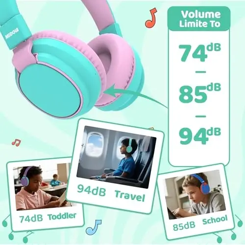 MIDOLA Kids Headphones Bluetooth 5.3 Wireless 60H Play Time Volume Limited 85/110dB Over Ear Foldable Protection Headset/Wired Aux Built-in Mic for Boy Girl Travel School Pad Tablet Cyan - 4