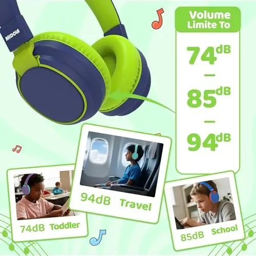MIDOLA Kids Headphones Bluetooth 5.3 Wireless 60H Play Time Volume Limited 85/110dB Over Ear Foldable Protection Headset/Wired Aux Built-in Mic for Boy Girl Travel School Pad Tablet Deepblue - 4
