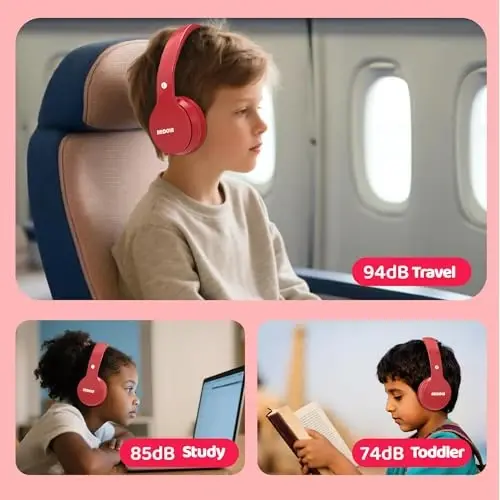 MIDOLA Kids Headphones Bluetooth 5.3 Wireless 60H Play Time Volume Limit 85/110dB Over Ear Foldable Protection Headset/Wired AUX Cord Mic for Children Boy Girl Travel School Phone Pad Tablet Red - 4