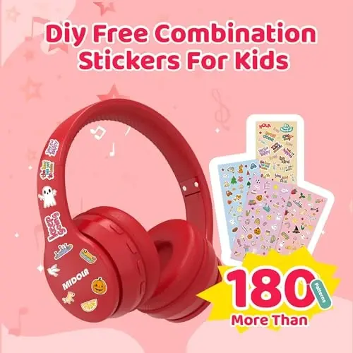 MIDOLA Kids Headphones Bluetooth 5.3 Wireless 60H Play Time Volume Limit 85/110dB Over Ear Foldable Protection Headset/Wired AUX Cord Mic for Children Boy Girl Travel School Phone Pad Tablet Red - 5