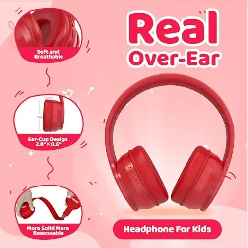 MIDOLA Kids Headphones Bluetooth 5.3 Wireless 60H Play Time Volume Limit 85/110dB Over Ear Foldable Protection Headset/Wired AUX Cord Mic for Children Boy Girl Travel School Phone Pad Tablet Red - 6