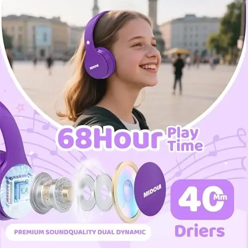 MIDOLA Kids Headphones Bluetooth 5.4 Wireless 68H Play Time Volume Limit 85/94dB Over-Ear Foldable Headset,Type-C Fast Charging, Wired Aux Mic for Toddler Child Pad Tablet Purple - 2