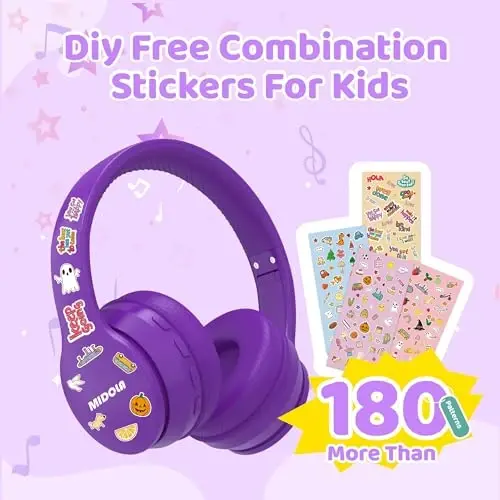 MIDOLA Kids Headphones Bluetooth 5.4 Wireless 68H Play Time Volume Limit 85/94dB Over-Ear Foldable Headset,Type-C Fast Charging, Wired Aux Mic for Toddler Child Pad Tablet Purple - 4