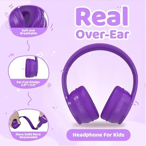 MIDOLA Kids Headphones Bluetooth 5.4 Wireless 68H Play Time Volume Limit 85/94dB Over-Ear Foldable Headset,Type-C Fast Charging, Wired Aux Mic for Toddler Child Pad Tablet Purple - 5