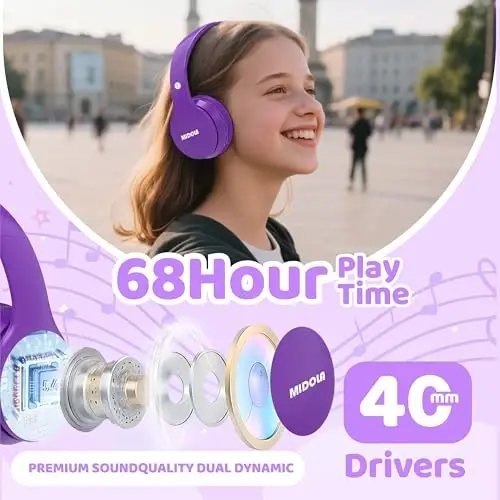 MIDOLA Kids Headphones Bluetooth 5.4 Wireless 68H Play Time Volume Limit 85/94dB Over-Ear Foldable Headset,Type-C Fast Charging, Wired Aux Mic for Toddler Child Pad Tablet Purple - MIDOLA (1)