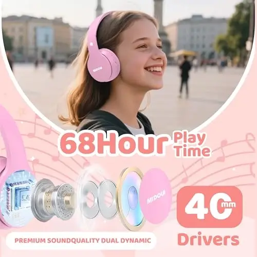 MIDOLA Kids Headphones Bluetooth 5.4 Wireless 68H Play Time Volume Limit 85/94dB Over-Ear Foldable Headset,Type-C Fast Charging,with Wired Aux Mic for Toddler Child Pad Tablet Pink - 2