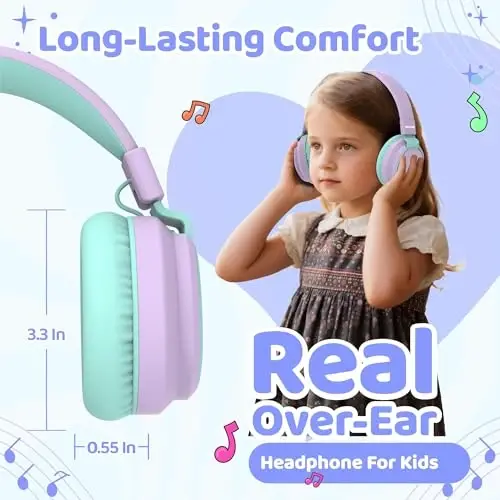 MIDOLA Kids Headphones Wireless Bluetooth 5.4 68H Play Time Volume Limit 85/94dB Over-Ear Foldable Headset,Type-C Fast Charging,with Wired Aux Mic for Toddler Boy Girl Pad Tablet Light Purple - 6