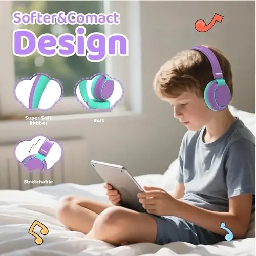 MIDOLA Kids Headphones Wireless Bluetooth 5.4 68H Play Time Volume Limit 85/94dB Over-Ear Foldable Headset,Type-C Fast Charging,with Wired Aux Mic for Toddler Boy Girl Pad Tablet Purple - 3