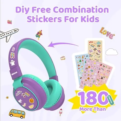 MIDOLA Kids Headphones Wireless Bluetooth 5.4 68H Play Time Volume Limit 85/94dB Over-Ear Foldable Headset,Type-C Fast Charging,with Wired Aux Mic for Toddler Boy Girl Pad Tablet Purple - 5