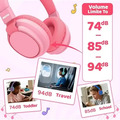 MIDOLA Kids Headphones Wireless Bluetooth 5.4 68H Play Time Volume Limit 85/94dB Over-Ear Foldable Headset,Type-C Fast Charging,with Wired Aux Mic for Toddler Boy Girl Pad Tablet Pink - 4