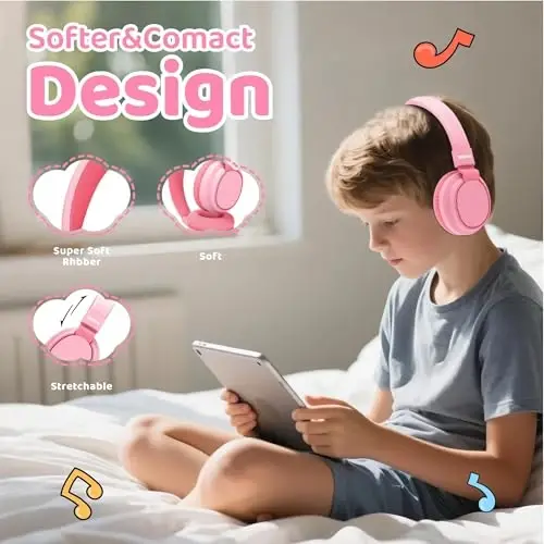 MIDOLA Kids Headphones Wireless Bluetooth 5.4 68H Play Time Volume Limit 85/94dB Over-Ear Foldable Headset,Type-C Fast Charging,with Wired Aux Mic for Toddler Boy Girl Pad Tablet Pink - 3