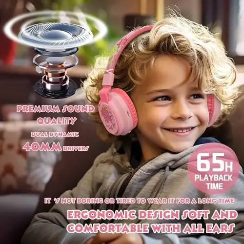 MIDOLA Kids Headphones Wireless Bluetooth Volume Limit 85dB /110dB Over Ear Foldable Headset with Mic/Wired Inline AUX Cord for Children Boy Girl School Tablet Pad Phone Cartoon Pink - 3
