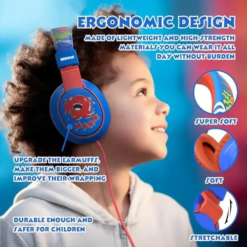 MIDOLA Kids Headphones Volume Limited 85/110dB for Over-Ear Foldable Sound Protection Headset with Mic Inline AUX 3.5mm Cord for Child School Travel Tablet Pad Notebook Cartoon Blue - 2