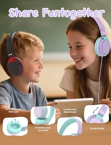 MIDOLA Eshitish vositasi Bolalar ovozi cheklangan 85/110dB simli quloq ustida/quloqda katlanadigan гарнитура ichki kabel AUX 3,5 mm simli mikrofon o'g'il qiz bola uchun kompyuter noutbuk planshet yorqin binafsha - MIDOLA (1)