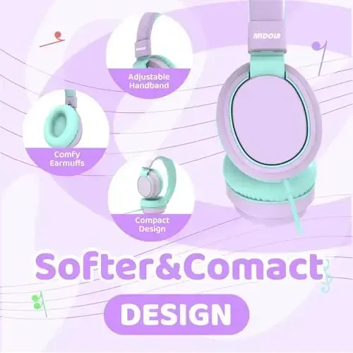 MIDOLA Eshitish vositasi Bolalar ovozi cheklangan 85/110dB simli quloq ustida/quloqda katlanadigan гарнитура ichki kabel AUX 3,5 mm simli mikrofon o'g'il qiz bola uchun kompyuter noutbuk planshet yorqin binafsha - 5