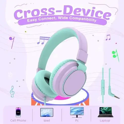 MIDOLA Headphone Kids Volume Limited 85/110dB Wired Over-Ear/On-Ear Foldable Headset with Inline Cable AUX 3.5mm Cord Mic for Boy Girl Child PC Notebook Tablet Light Purple - 4