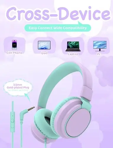 MIDOLA Headphone Kids Volume Limited 85/110dB Wired Over-Ear/On-Ear Foldable Headset with Inline Cable AUX 3.5mm Cord Mic for Boy Girl Child PC Notebook Tablet Light Purple - 5