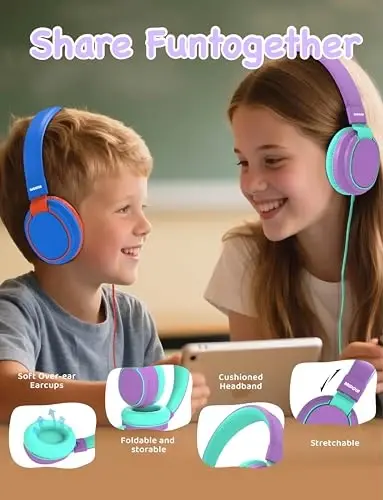 MIDOLA Headphone Kids Volume Limited 85/110dB Wired Over-Ear/On-Earr Foldable Headset with Inline Cable AUX 3.5mm Cord Mic for Boy Girl Child PC Notebook Tablet Purple - 2