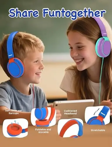 MIDOLA Kids Headphone Wired Ovoz Cheklangan 85/94dB Quloq ustida/Quloqda Yig'iladigan Mikrofonli Garnitura Eshitish himoyasi Naushniklari Kichkintoy O'g'il Qiz Bola Maktab O'rganish Plitasi Tablet Moviy - 2