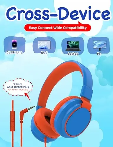 MIDOLA Kids Headphone Wired Volume Limited 85/94dB Over-Ear/On-Ear Foldable Headset with Microphone Hearing Protection Headphones for Toddler Boy Girl Child School Learning Pad Tablet Blue - 5